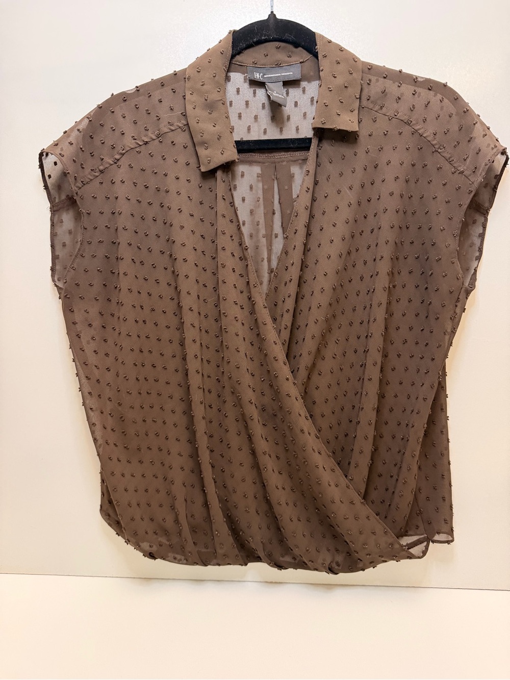 INC International Concepts Brown Textured Cap-Sleeve Wrap Blouse